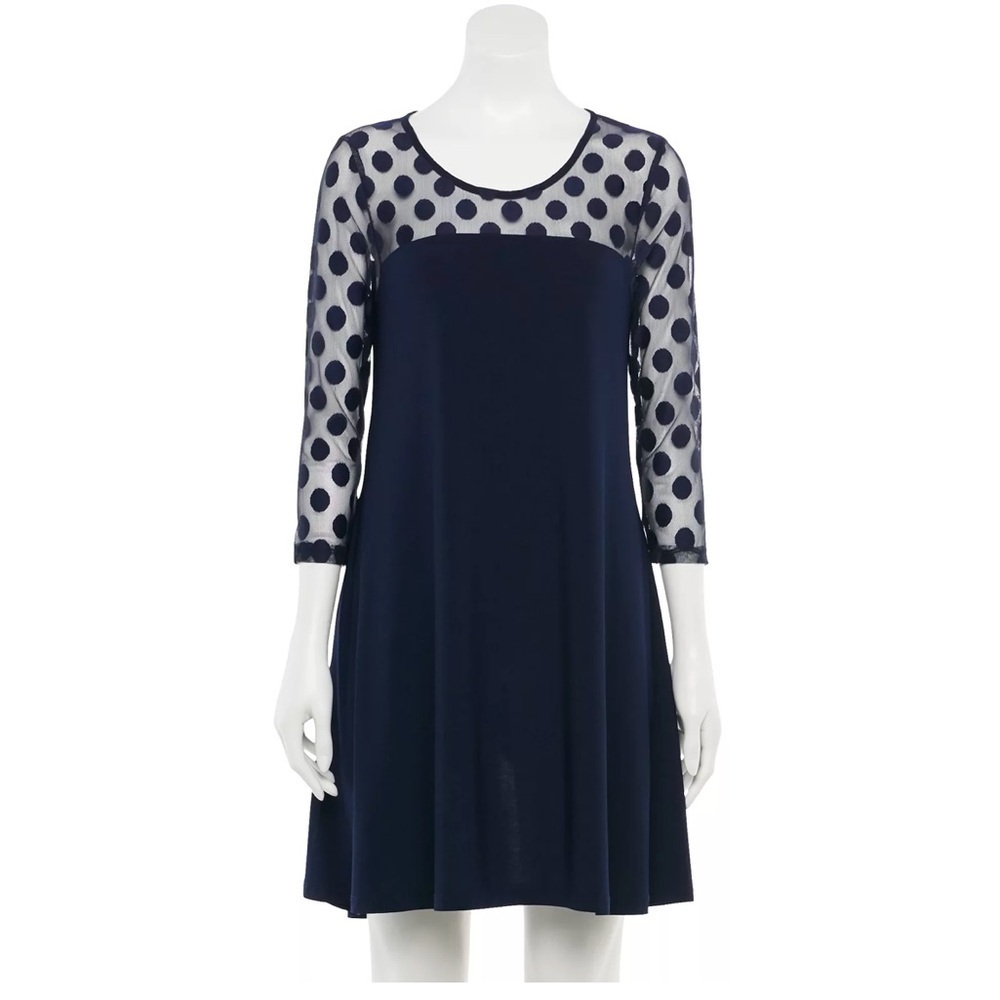 Nina Leonard Mesh Dot Trapeze Dress XL Black Midi A-line Long Sleeve
